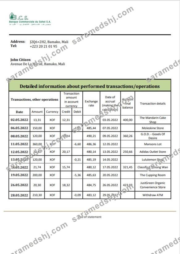 Mali Banque Commerciale du Sahel bank statement template in Word and PDF format, .doc and .pdf format